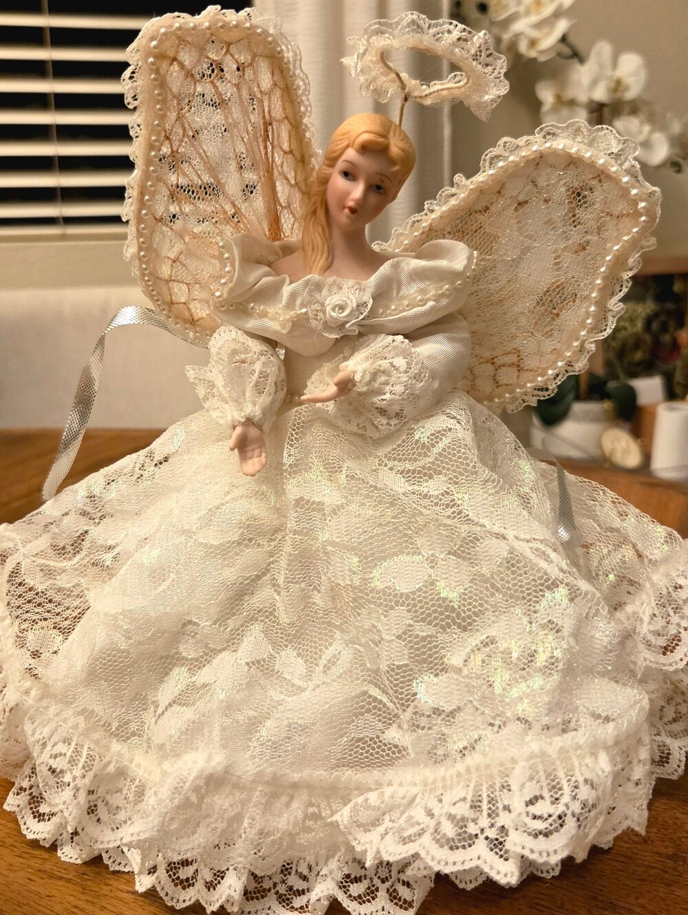 VTG Handmade Angel Tree Topper Lace Porcelain Face Wings Halo Christmas Decor